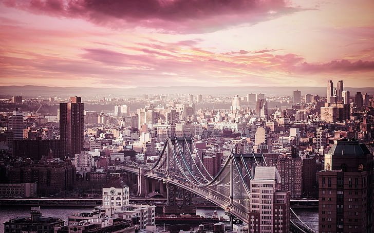 cityscape, New York City, purple sky, Manhattan Bridge