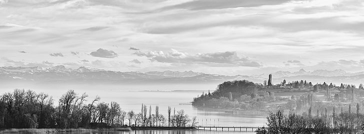 Lake Constance in Front of the Alps, grayscale trees and body of water
