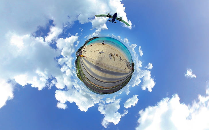 airplane, beach, clouds, Panoramic Sphere, Surreal