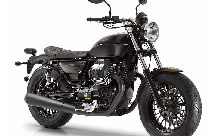 black and gray bobber motorcycle, moto guzzi, v9, transportation
