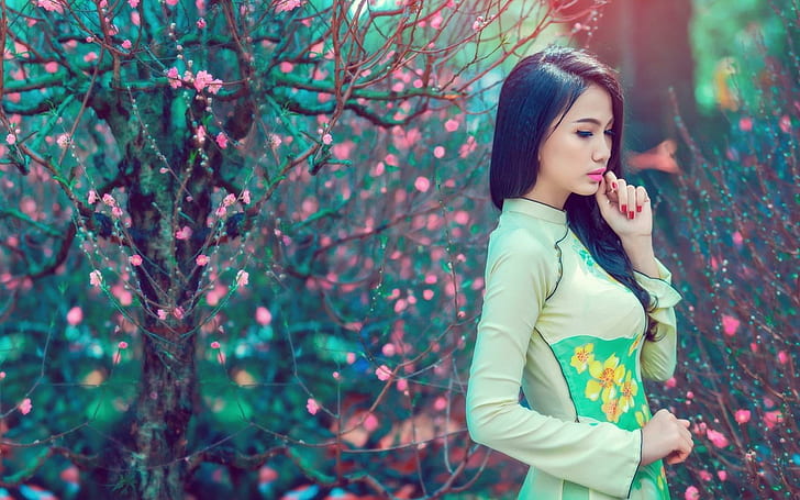 Trees Pink Flowers Girl Asian