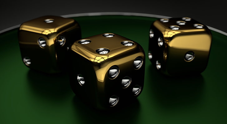 3D Dice 01, three gold-and-silver dice, Artistic, gambling, shiny