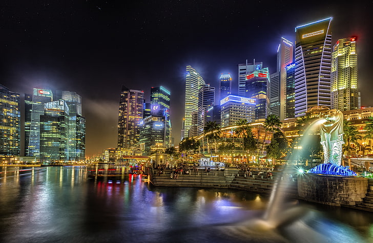 Merlion illustration, city, lights, singapore