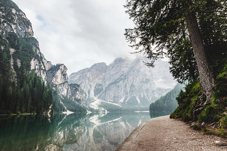 nature, snow, trees, water, Lake Pragser, Italy, South Tyrol, HD wallpaper