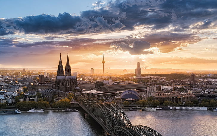 architecture, building, Germany, water, bridge, sunset, Cologne, HD wallpaper