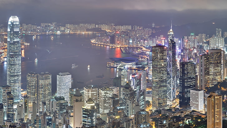 high-rise building lot, skyscrapers, night, light, asia, hong Kong