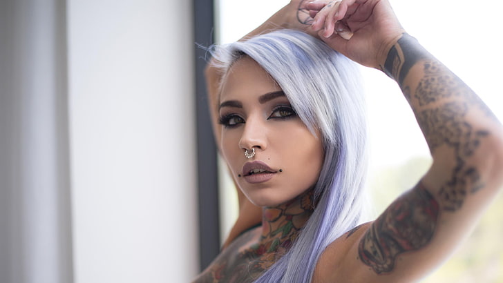 Fishball Suicide, violet hair, tattoo, piercing, Suicide Girls, HD wallpaper