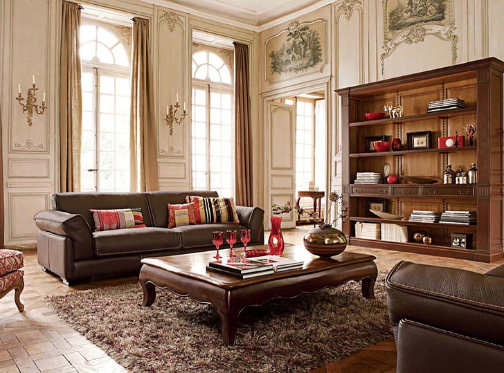 brown leather 2-piece sofa set, design, style, room, Villa, interior, HD wallpaper