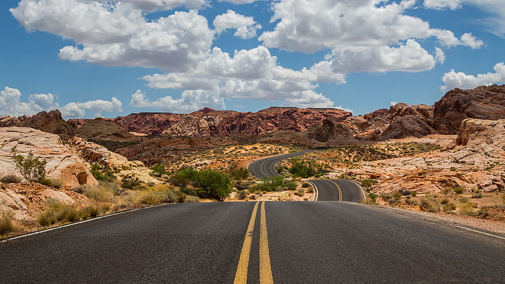 clouds, rocks, road, desert, landscape, transportation, the way forward, HD wallpaper