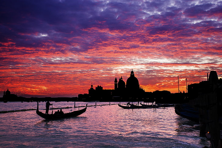temple silhoette, sunset, clouds, the evening, Italy, Venice, HD wallpaper