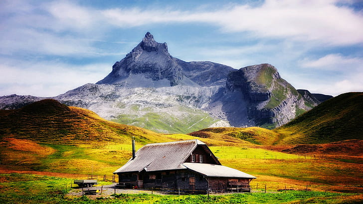 cabin, landscape, mountains, villages, loneliness, HD wallpaper