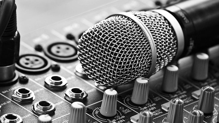 black and gray microphone and mixing console, monochrome, photography