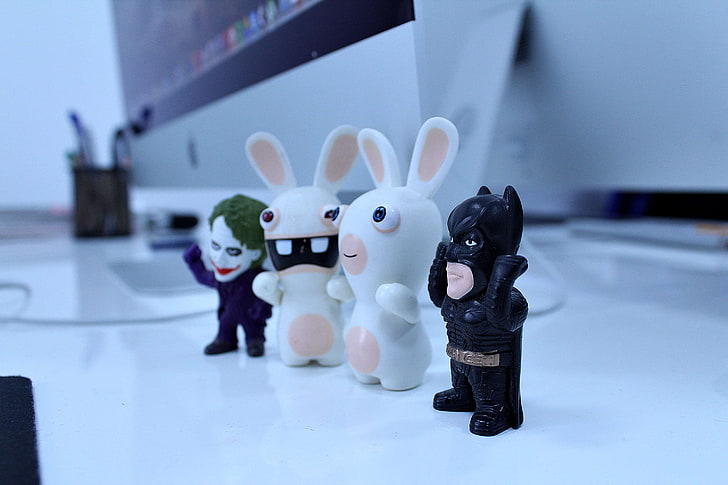 batman toys, cute, rabbit toys, table, representation, figurine