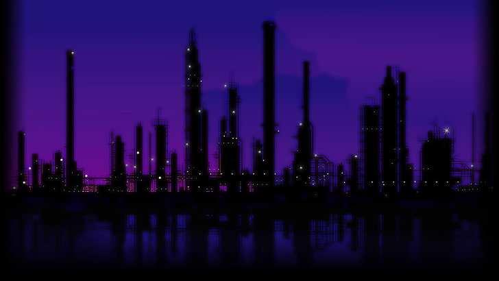 vaporwave, industrial, reflection, industry, factory, water