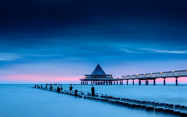 water, pier, sea, sky, architecture, blue, cloud - sky, built structure, HD wallpaper