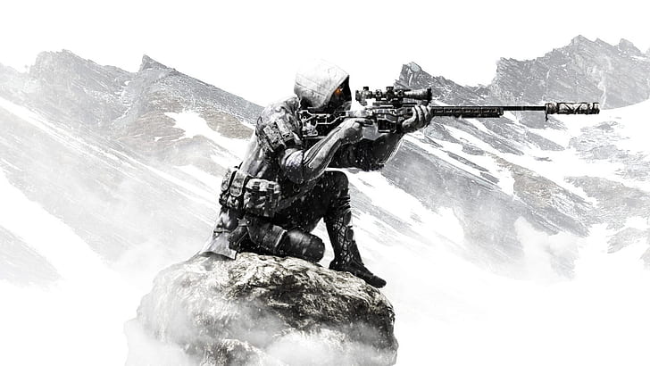 landscape, mountains, pose, the game, art, sniper, rifle, shooter, HD wallpaper