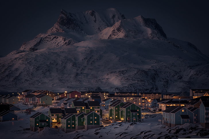 mountain alps and houses, winter, snow, mountains, night, lights