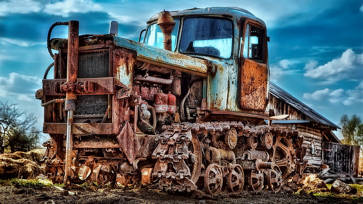 wreck, tracked, old, vehicle, abandoned, bulldozer, scrap, rust, HD wallpaper