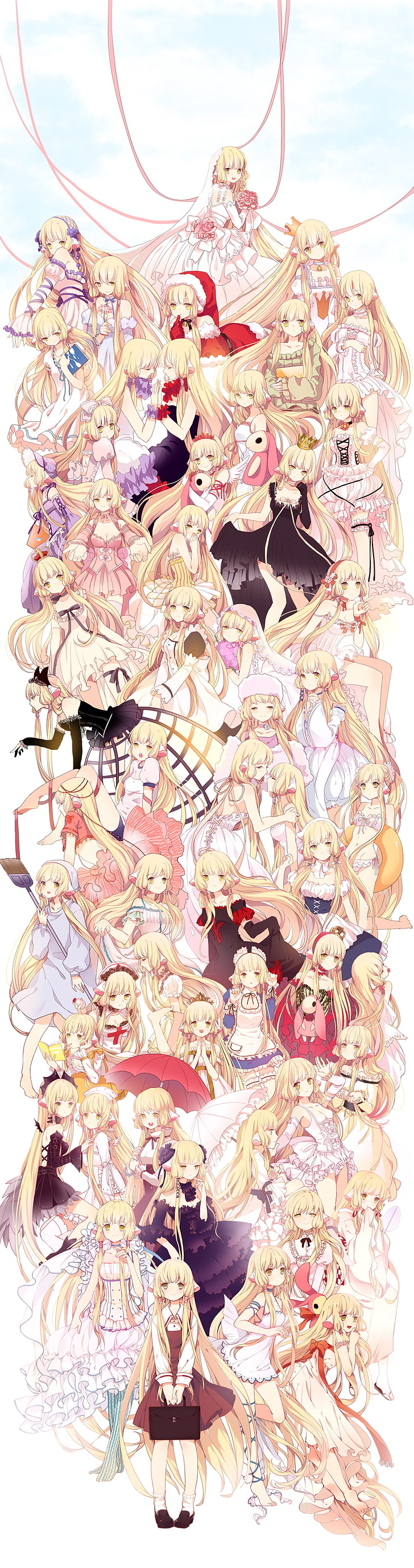 Chobits, anime girls, Chi, blond hair, white dress, santa outfit