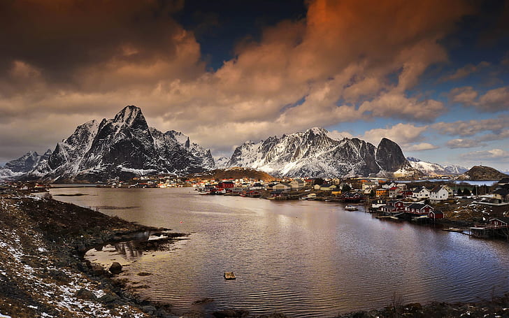 Norway, mountains, bay, village, winter, dusk