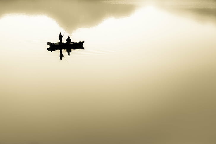 silhouette of two people in boat fishing during daytime, Melchsee-Frutt, HD wallpaper