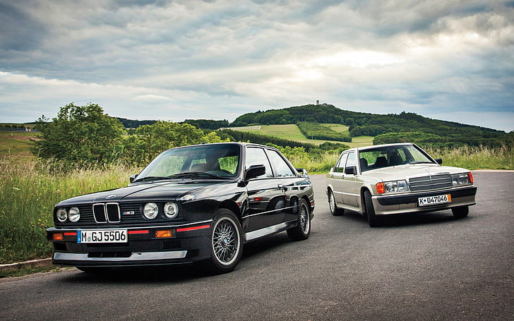 two white and black sedans, BMW E30, car, Mercedes-Benz, 190e, HD wallpaper