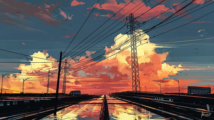 HD wallpaper: anime landscape, sunset, sky, painting, scenic,  transportation | Wallpaper Flare