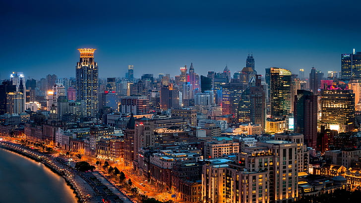 Huangpu, Shanghai, China, night city, Buildings, view, waterfront, HD wallpaper
