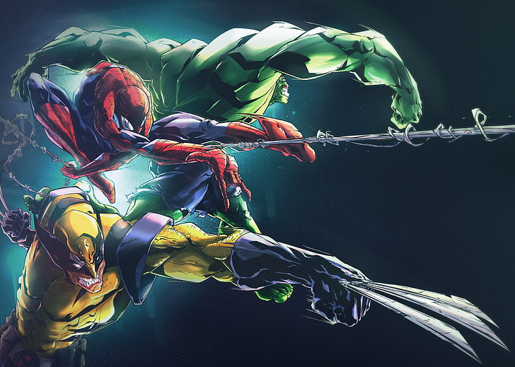 Marvel Hulk, Spider-Man, and Wolverine digital wallpaper, Hulk, Wolverine and Spider-Man digital wallpaper