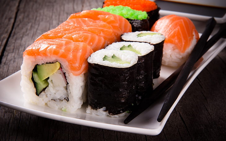 Sushi Rolls, sushi food, japanese food, fish, HD wallpaper