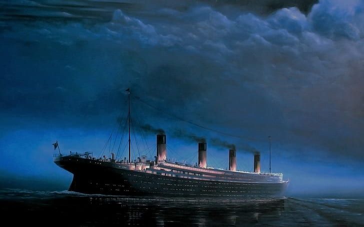 Titanic, sea, night, clouds, digital art