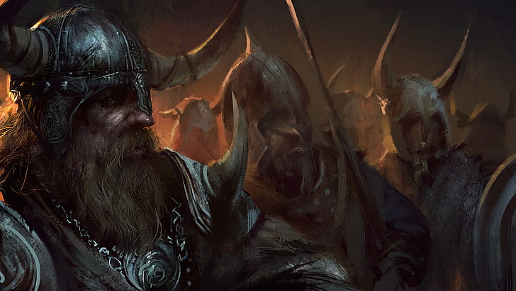 knight illustration, sword, warrior, horns, helmet, beard, shield, HD wallpaper
