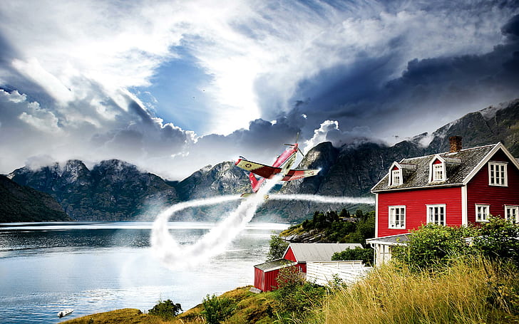 Norway Aviation, white and red house beside body of water view, HD wallpaper