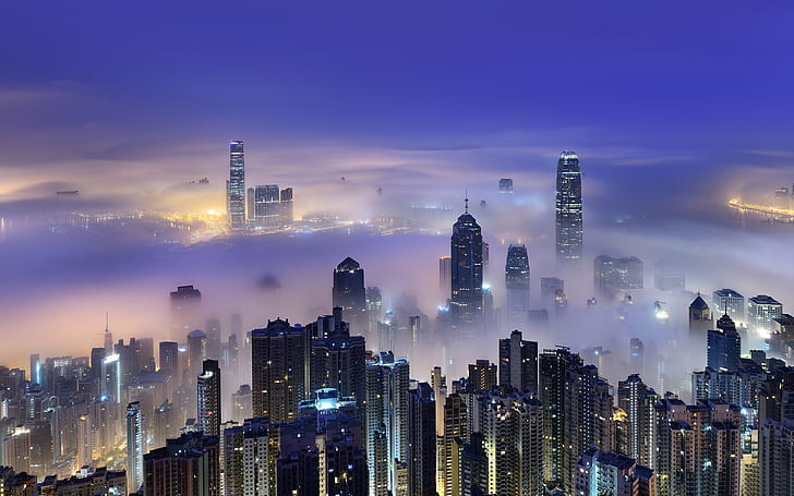 HD wallpaper: Hong Kong, Victoria Harbour, morning, dawn, skyscrapers,  lights, mist | Wallpaper Flare