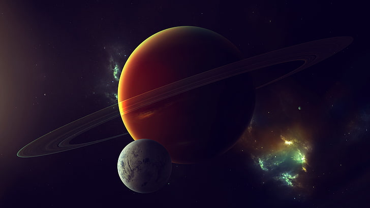 brown planet illustration, stars, nebula, satellite, gas giant