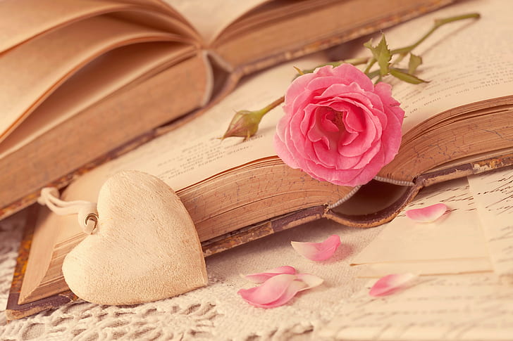 HD wallpaper: Books, Love heart, Pink rose, Petals | Wallpaper Flare