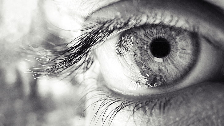 grayscale photography of person's eye, eyelashes, pupil, human Eye