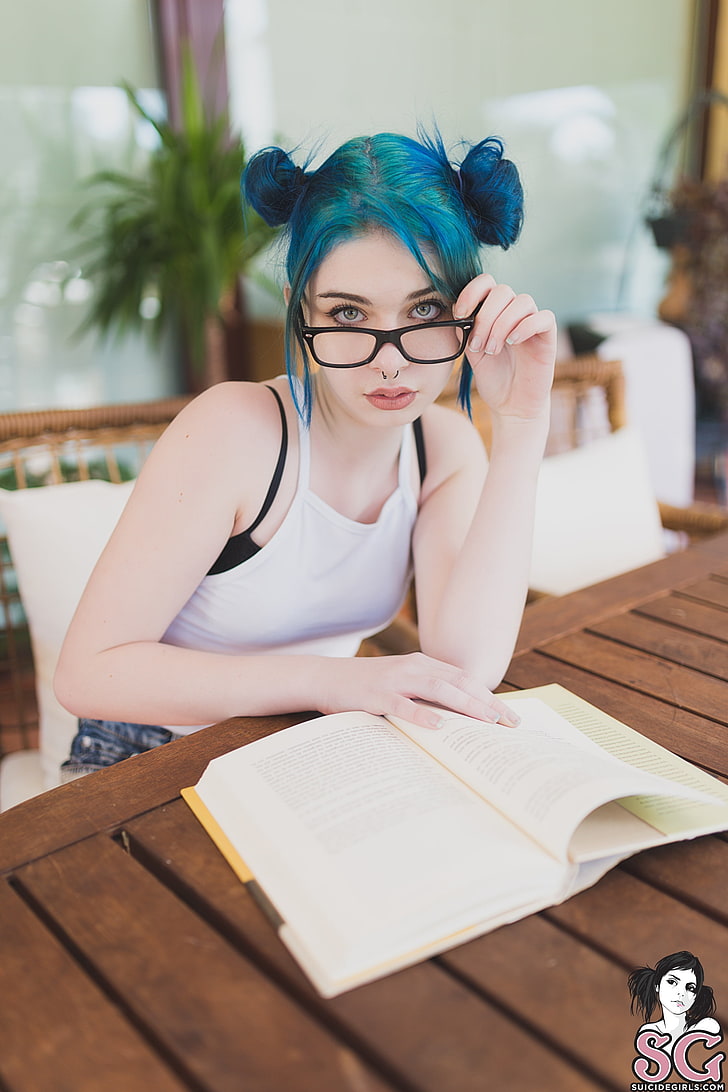 Suicide Girls, women, blue hair, wood, glasses, books, tattoo