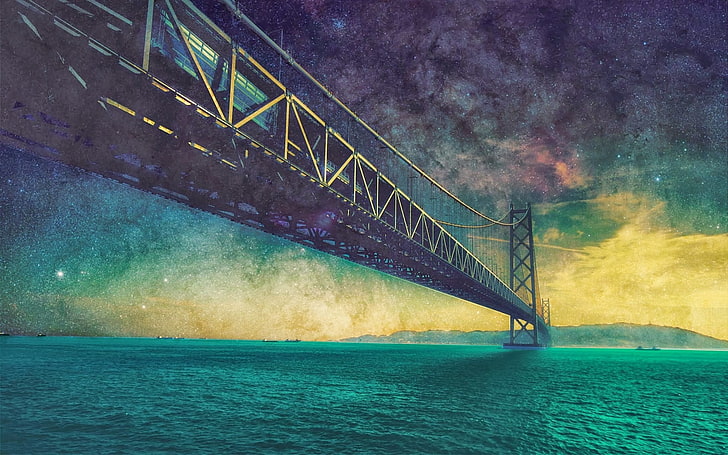 bridge painting, water, artwork, connection, bridge - man made structure