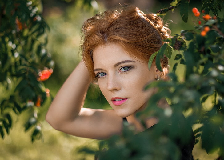 women, face, portrait, depth of field, redhead, looking at viewer