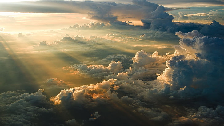 sun rays shinning on ginormous clouds, sky, nature, sunlight