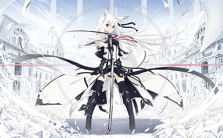 white  background, animal ears, sword, thigh-highs, dress, flowers