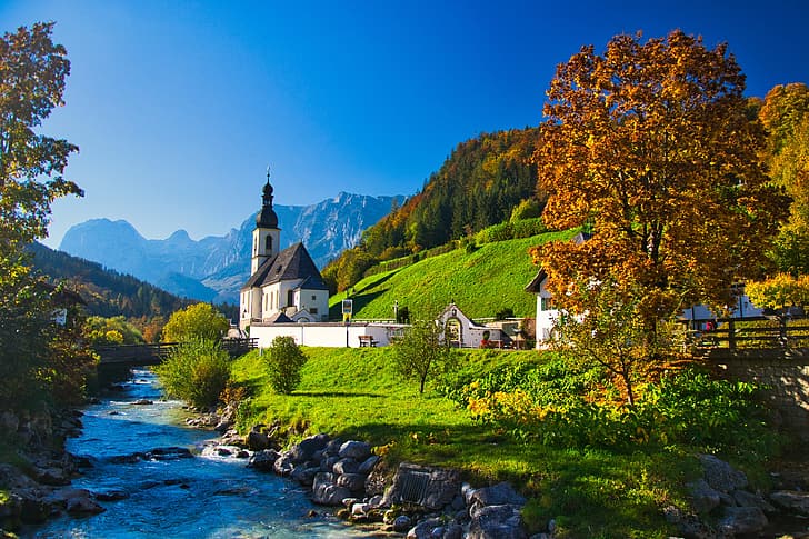 autumn, trees, mountains, river, Germany, Bayern, Church, Bavaria