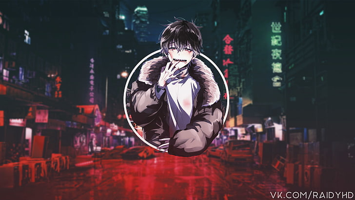 anime, picture-in-picture, anime boys, jacket, bandage, city