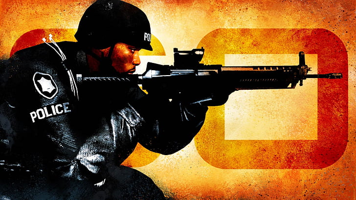 CS: GO, police, man in black police uniform holding a gun poster, HD wallpaper