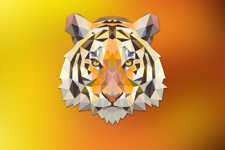 tiger head clip art, red, orange, triangle, fantasy art, digital art, HD wallpaper