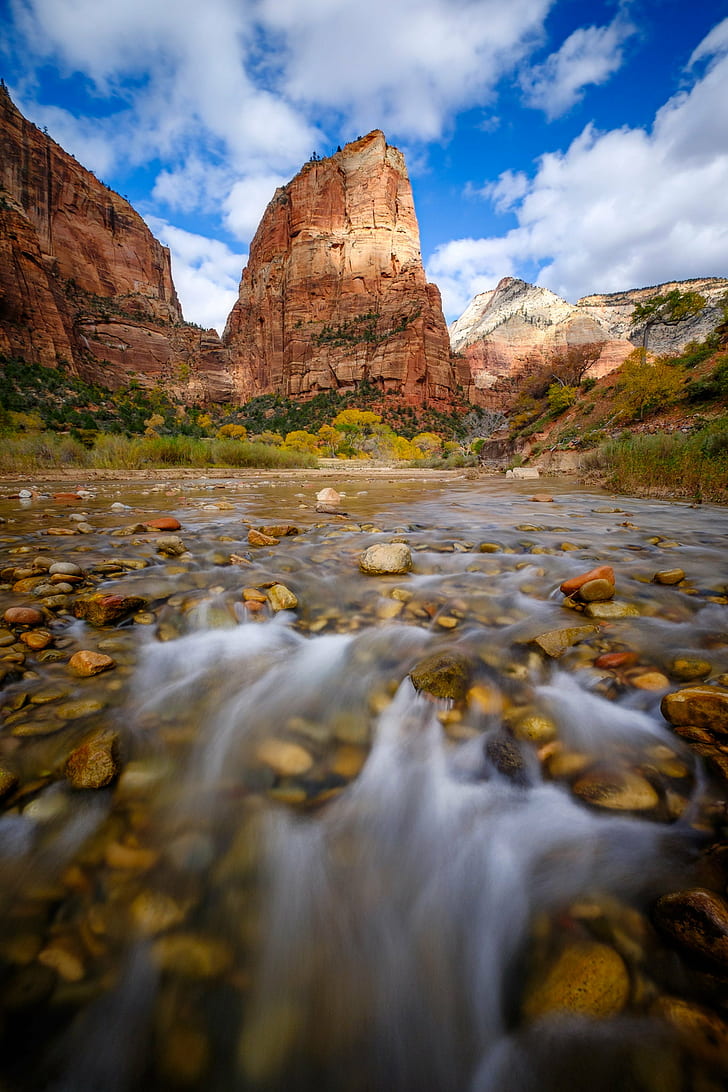 brown flowing water near cliff closed-up photo, Angel's Landing, HD wallpaper