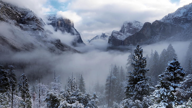 landscape, nature, clouds, mountains, winter, snow, Yosemite National Park, HD wallpaper