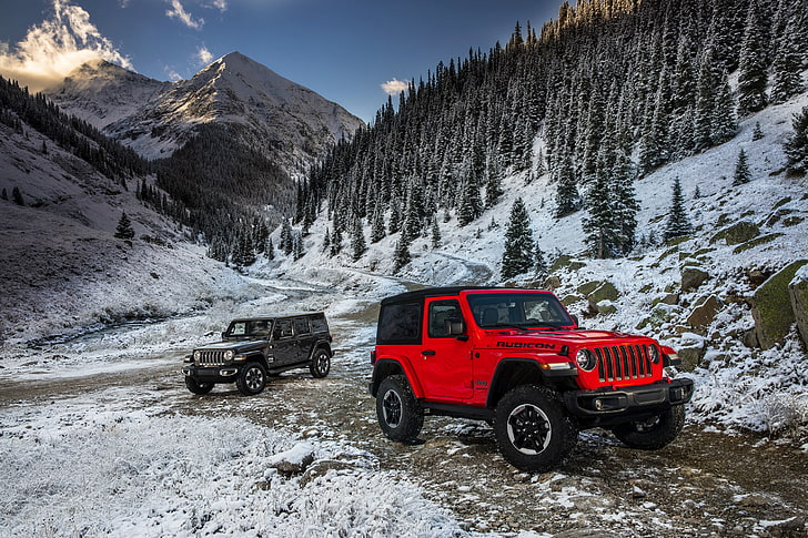 snow, mountains, red, 2018, Jeep, dark gray, Wrangler Rubicon, HD wallpaper