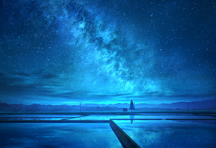 HD wallpaper: anime landscape, blue sky, stars, night, reflection |  Wallpaper Flare